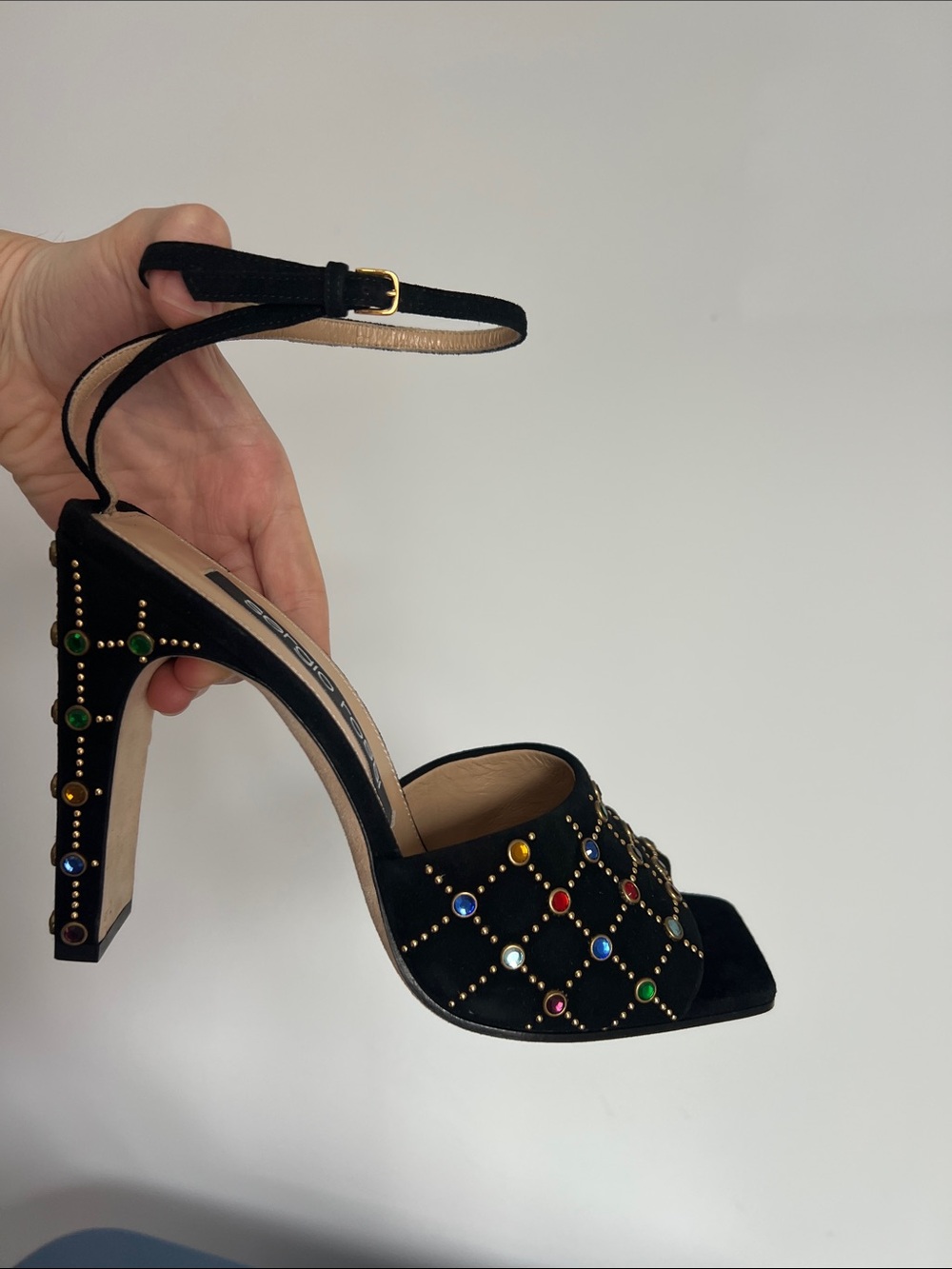 Sergio Rossi multicolor jeweled open toe black suede high heels sandals 41 - Picture 9 of 14